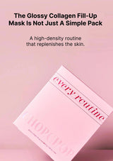 Glossy Collagen Fill-Up Mask packaging with 'every routine' branding on a pink background.