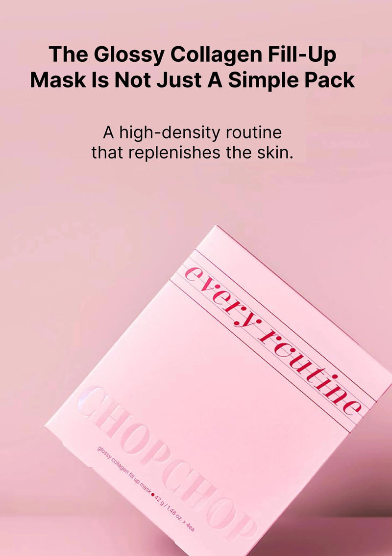 Glossy Collagen Fill-Up Mask packaging with 'every routine' branding on a pink background.