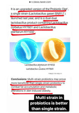 A text-heavy promotional graphic about probiotic bacteria, with red underlines highlighting key phrases and two oval bacterial illustrations in blue and gold. The bottom has a black text box reading 'Multi strain in probiotics is better than single strain.