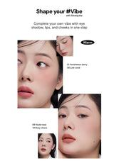 Advertisement for Silverpulse eye shadow, lips, and cheeks product with close-up images of a woman's face.