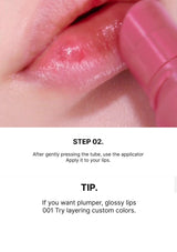 Lipstick being applied to lips with text instructions on a white background