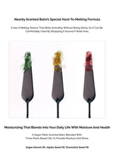 Three applicators with different colored balms on a white background, accompanied by product description text.