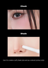 Close-up of a person's eye and nose with a makeup stick, labeled 'Cheek' and 'Shade'.