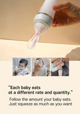 Baby bottle with a pump being used, showing a product demonstration with text about baby feeding rates.