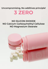 Pink container with white tablets spilling out, featuring '3 ZERO' text on a light gray background.