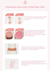 Instructions for using a tinted sheer stick with icons and text on a light pink background