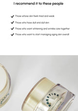 Cosmetic cream jar with text recommending it for specific skin conditions on a white background