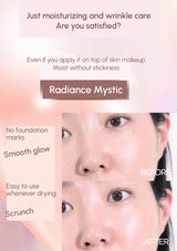 Cosmetic product advertisement with text about moisturizing and wrinkle care, showing a close-up of a person's face before and after use.