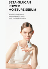 Woman holding a bottle of Beta-Glucan Power Moisture Serum with text about its benefits on a white background.