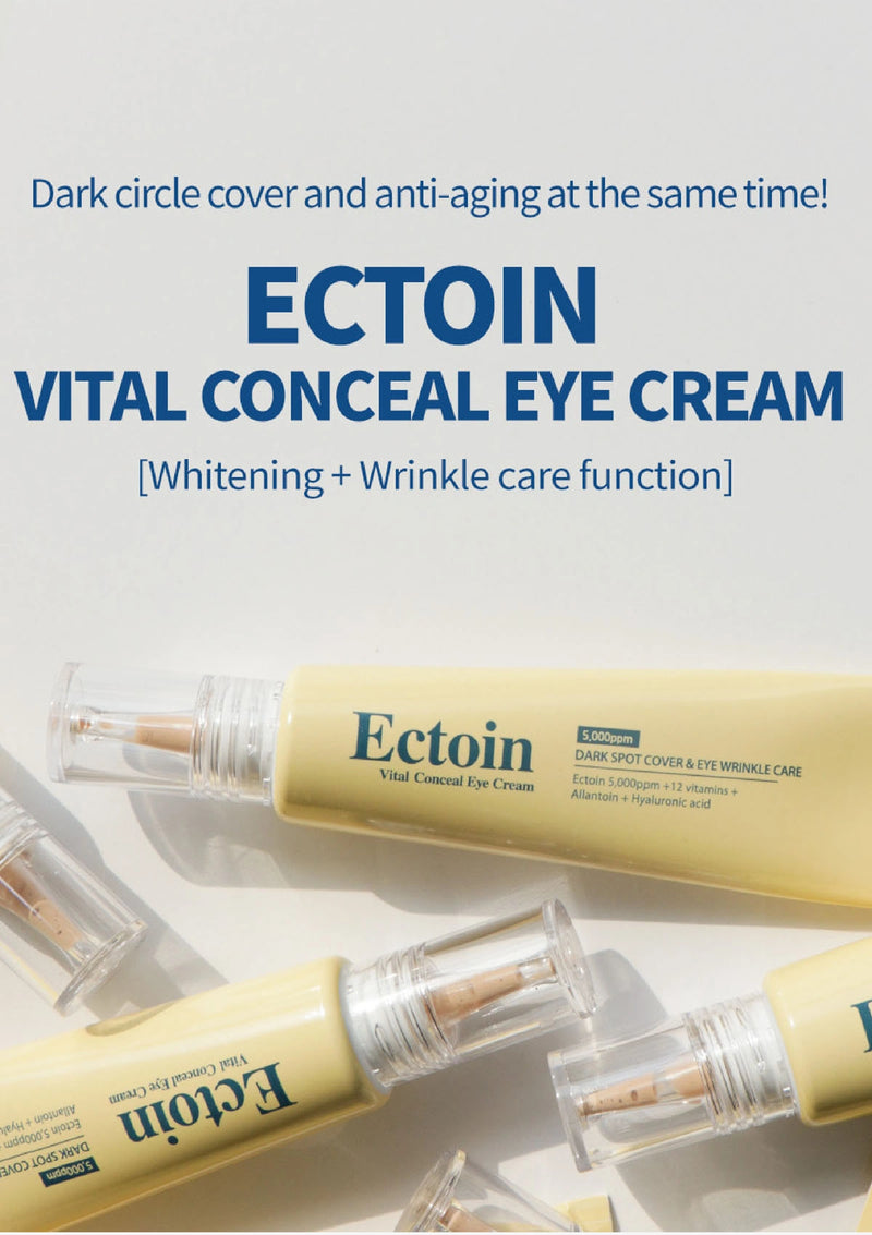 Ectoin Vital Conceal Eye Cream with text highlighting its benefits on a light background
