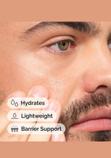 Close-up of a man's face with text indicating hydrating, lightweight, and barrier support features. Bottle of 'The Ordinary' serum on a white background with text about skin barrier strength.
