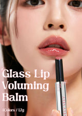 Glass Lip Voluming Balm with a close-up of a person's lips and the product.