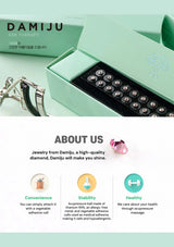 Green jewelry box with ear therapy device and Damiju branding on a light green background.