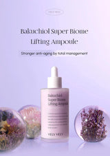 Bakuchoi Super Biome Lifting Ampoule with decorative elements on a light purple background