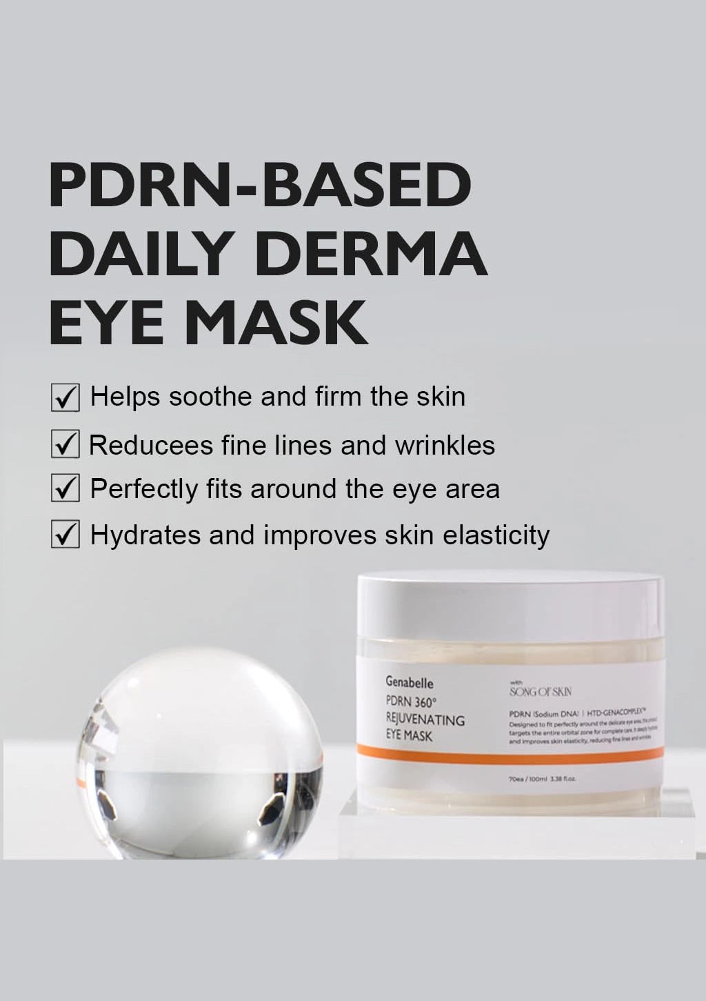 PDRN-based daily derma eye mask with product and benefits on a gray background