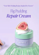 Flaner Fig Pudding Repair Cream with a slice of fig on a light purple background