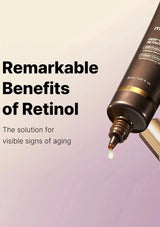 Cosmetic bottle with retinol being dispensed and text about its benefits on a gradient background