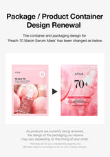Comparison of 'Peach 70 Niacin Serum Mask' packaging design before and after renewal on a white background.
