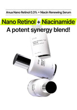 Anua Nano Retinol 0.3% + Niacin Renewing Serum with text highlighting potent synergy blend on a white background.