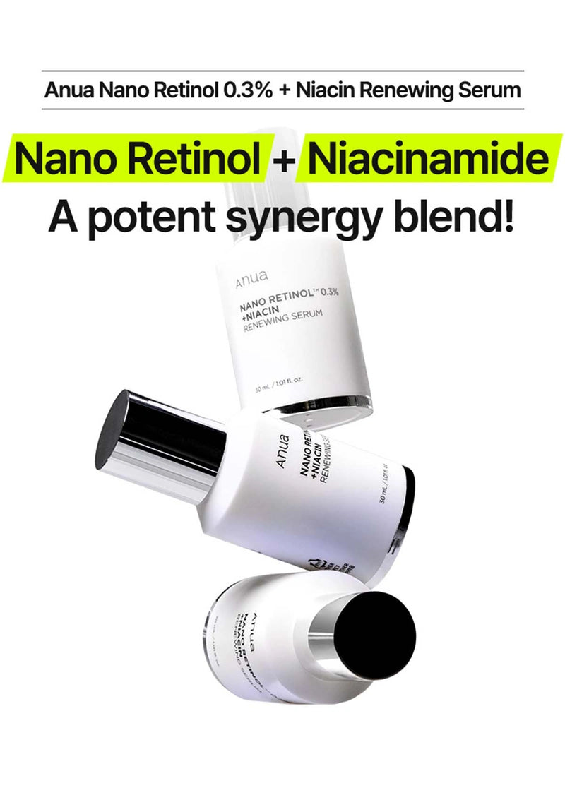 Anua Nano Retinol 0.3% + Niacin Renewing Serum with text highlighting potent synergy blend on a white background.