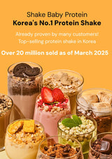 Promotional image of various protein shakes with text highlighting Shake Baby Protein as Korea's top-selling product.