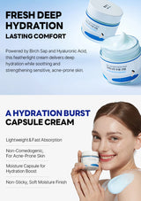 Advertisement for a hydration burst capsule cream with text about its benefits and features.
