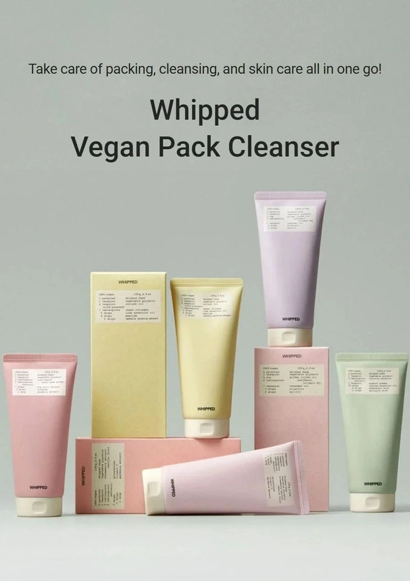 Collection of whipped vegan pack cleanser products on a gray background with text.