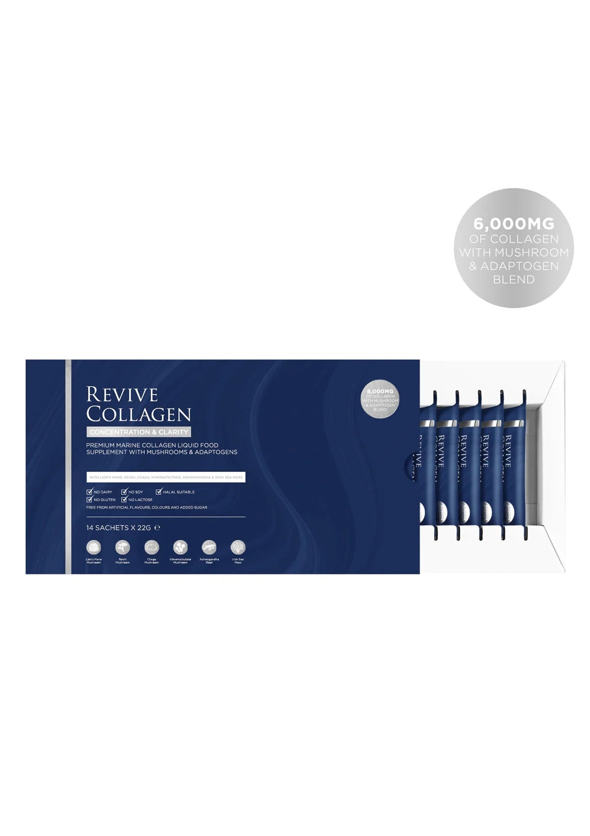 Revive Collagen packaging with sachets on a white background
