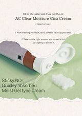 AC Clear Moisture Cica Cream packaging with usage instructions on a light green background