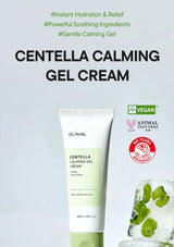 IUNIK Centella Calming Gel Cream with product packaging and branding details on a light gray background