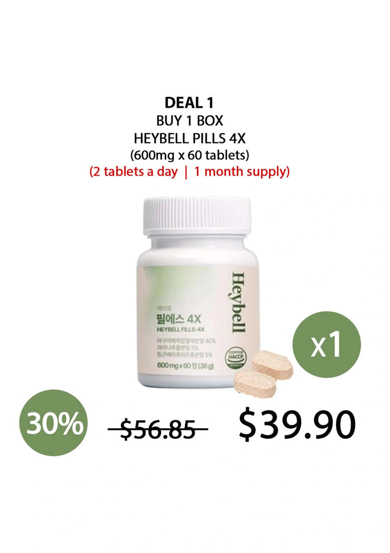 Heybell pills 4X packaging with promotional text on a white background