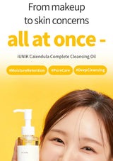 Advertisement for iUNIK Calendula Complete Cleansing Oil with a person holding the product against a yellow background.