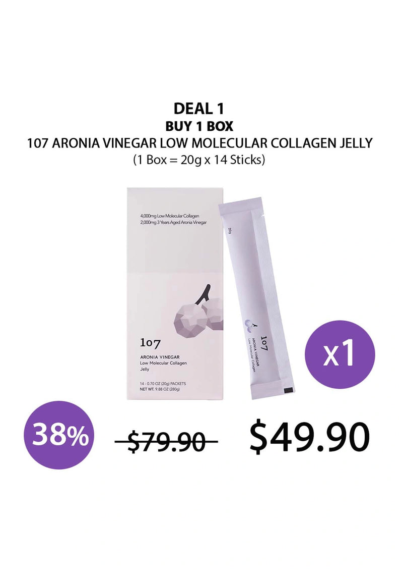 Promotional graphic for 107 Aronia Vinegar Low Molecular Collagen Jelly with packaging and pricing information.