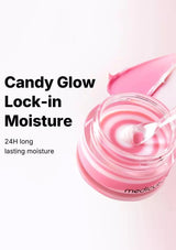 Pink jar of skincare product with a spoon on a white background, labeled 'Candy Glow Lock-in Moisture'.