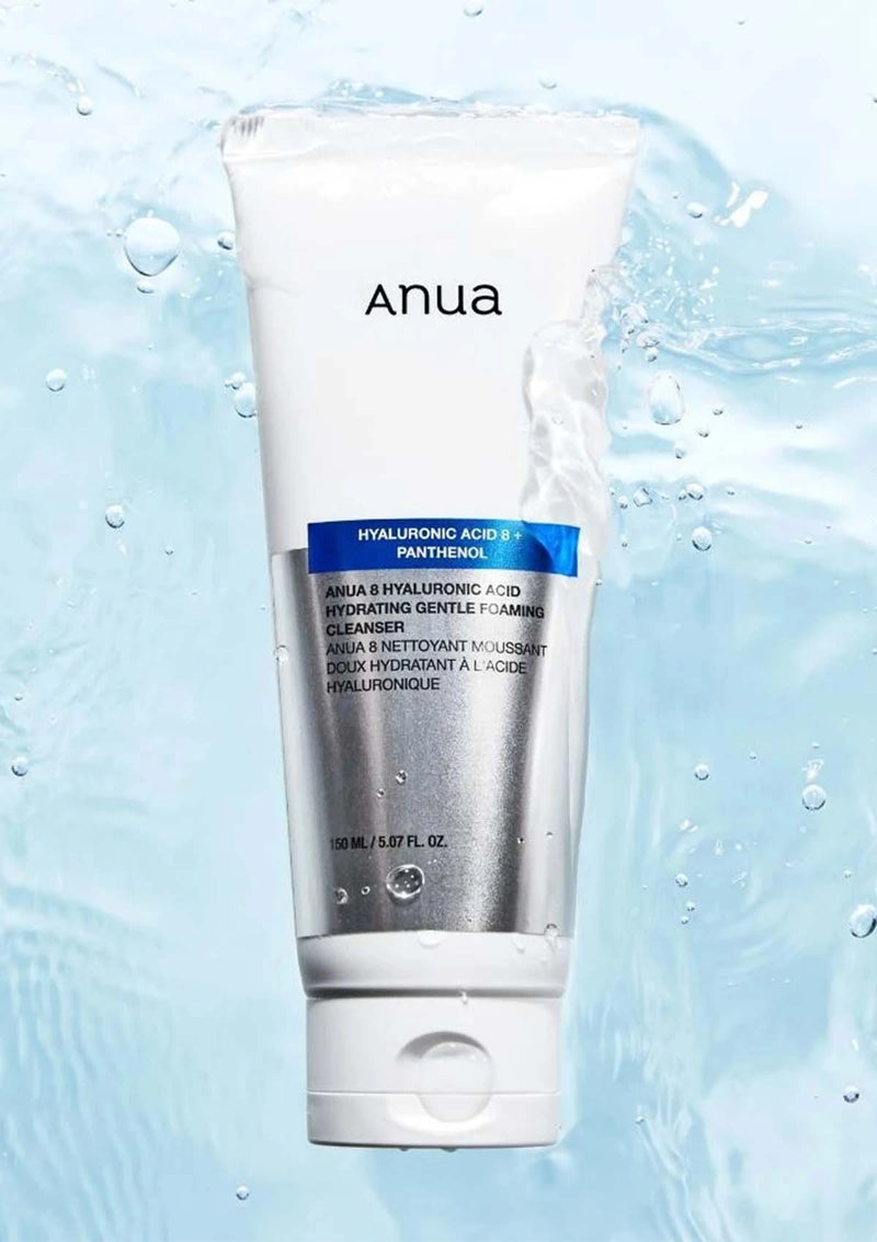 Anua skincare product on a blue water droplet background
