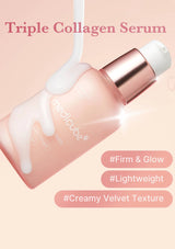 Triple Collagen Serum bottle with text highlighting features on a pink background