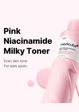 Pink Niacinamide Milky Toner packaging with text on a white background