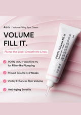 Abib PDRN Volume-Filling Spot Cream tube shown on a soft pink background with promotional text highlighting plumping and anti-aging benefits.