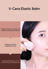 V-Cera Elastic Balm packaging with a woman applying it to her face.