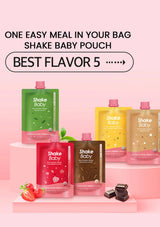 An assortment of Shake Baby spout pouches in various flavors, with labels showing the flavor name and additional product details like '120 kcal', '100% Jeju-island matcha', and 'Strawberry-Enriched Powder'.