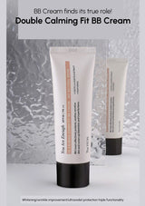 Two tubes of Double Calming Fit BB Cream on a textured gray background