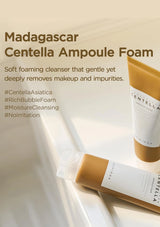 Madagascar Centella Ampoule Foam packaging with text on a light background
