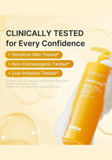 Medicube Sun Milk Cleansing Cream in a bright yellow bottle with a pump dispenser, shown against a warm cream background with floating soap bubbles and text highlighting clinical testing.