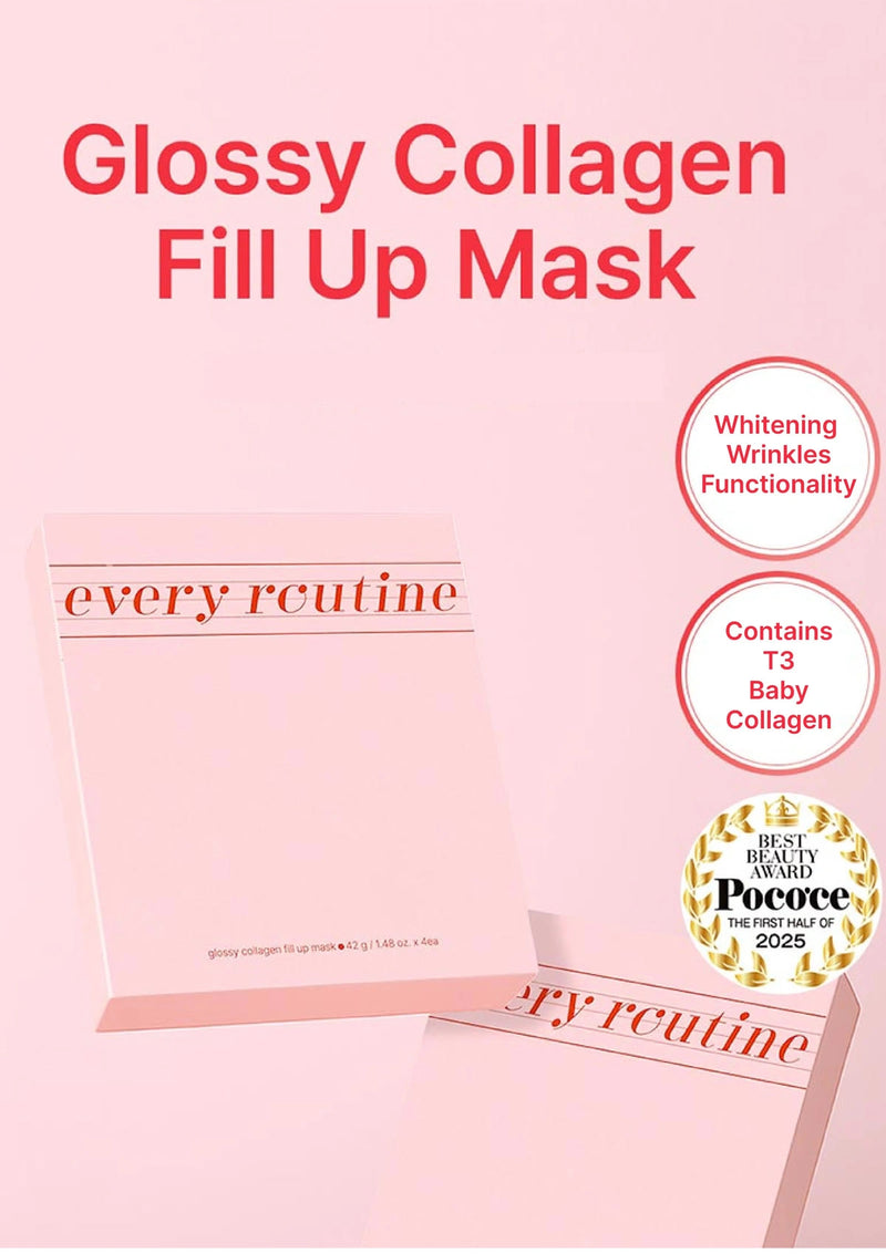 Glossy Collagen Fill Up Mask packaging with 'every routine' branding on a pink background.