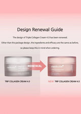 Comparison of old and new Triple Collagen Cream 4.0 packaging on a pink gradient background.