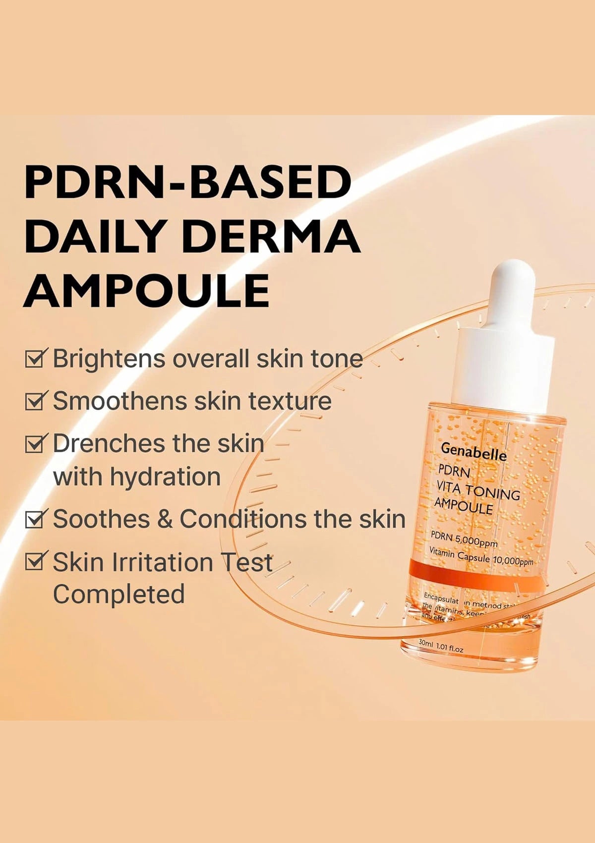 Gamelie PDRN-based daily derma ampoule with product details on a beige background