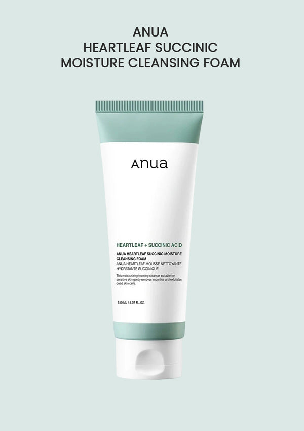 Anua Heartleaf Succinic Moisture Cleansing Foam tube on a light gray background