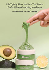 Avocado Butter Tart Pack Cleanser by flaner with avocado and lime on a light green background