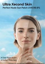 Advertisement for Ultra Xecond Skin sun patch with a woman's face and blue sky background.