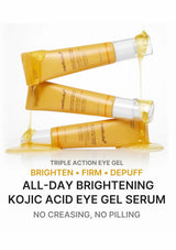 Three tubes of Medico-Derm Triple Action Eye Gel arranged diagonally on a white background with golden gel dripping from the caps and pooling below. Text below reads 'TRIPLE ACTION EYE GEL', 'BRIGHTEN • FIRM • DEPUFF', 'ALL-DAY BRIGHTENING KOJIC ACID EYE GEL SERUM', and 'NO CREASING, NO PILLING'.